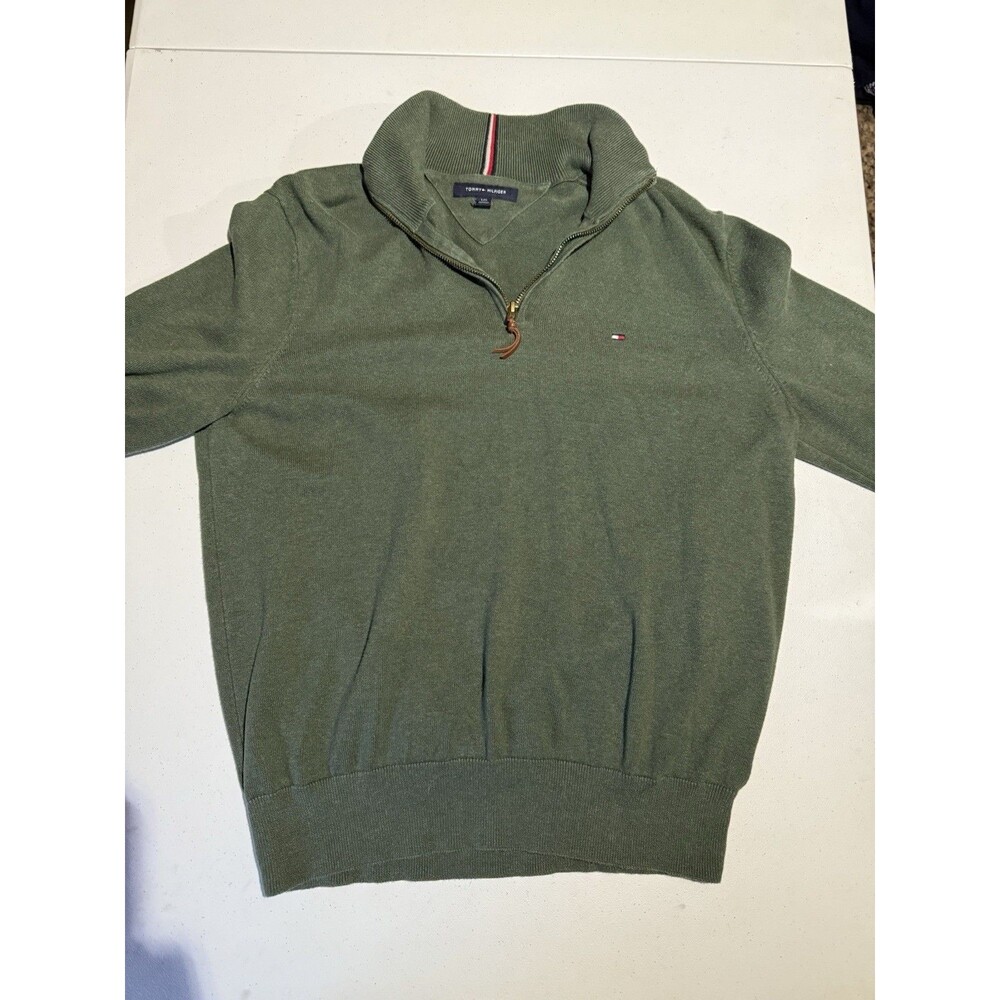 Tommy Hilfiger Mens 1/4 Zip Pullover Olive Green Cotton Size Large Sweater Shirt